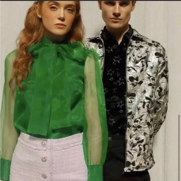 Zara green sheet organza blouse pussy bow dramatic chic S - Picture 3 of 12